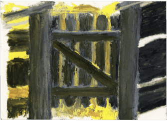 O. T. (Almhütte-Tor), 25. Juni 2022, Öl, Zeichenkarton, 10,5 x 14,8 cm