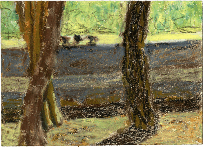 Huldigung an Bonnard (Bei Céret), 05.04.2015, Farbstifte, Kreiden, Aquarellpapier, 10,5 x 14,8 cm